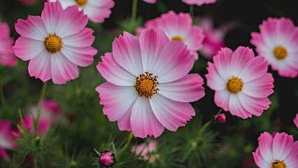 Pink Cosmos flowers in varying shades of pink with white edges and golden centers, prominently positioned against a dark green background.