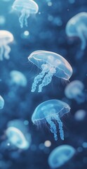 Obraz premium Translucent Jellyfish Gently Floating Underwater in Deep Blue Ocean Background with Bokeh Effect