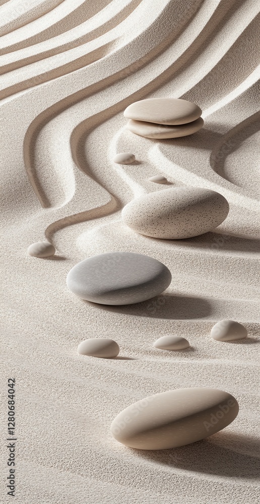 Poster smooth beige stones arranged on textured sand with flowing wave patterns representing serenity and b