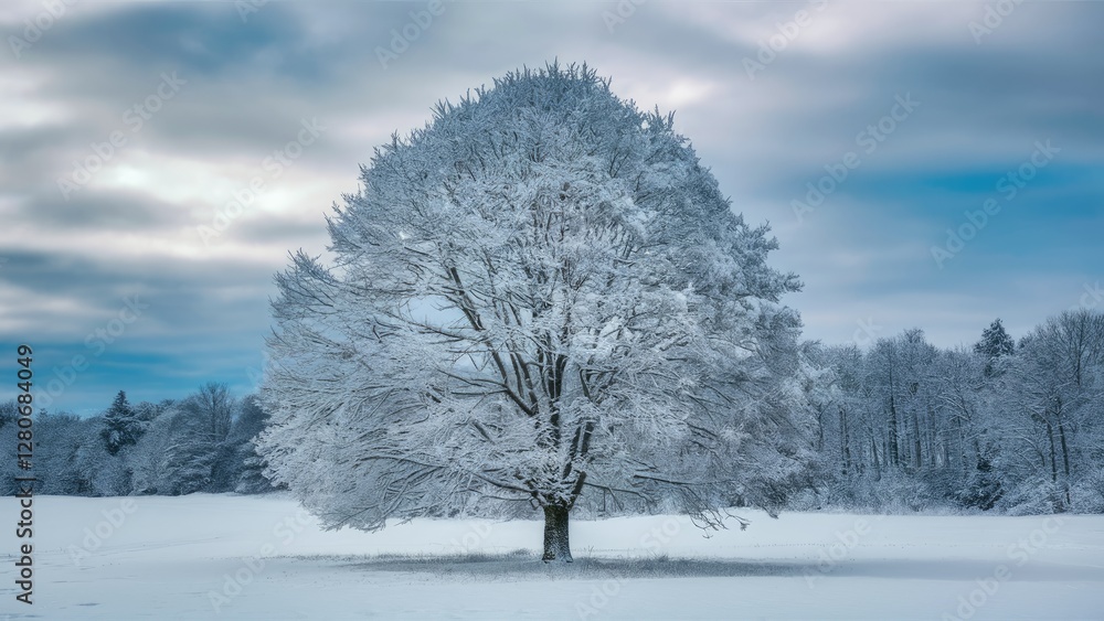 Poster solitary snow-covered tree stands majestically in a winter landscape against a backdrop of soft clou