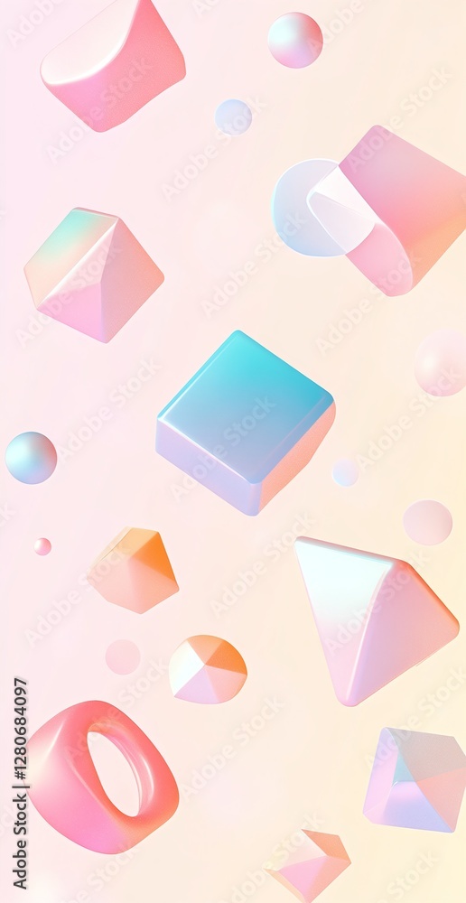 Poster abstract 3d geometric shapes floating in pastel gradient background with soft pink and blue tones