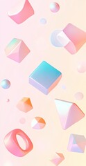 Abstract 3D Geometric Shapes Floating in Pastel Gradient Background with Soft Pink and Blue Tones