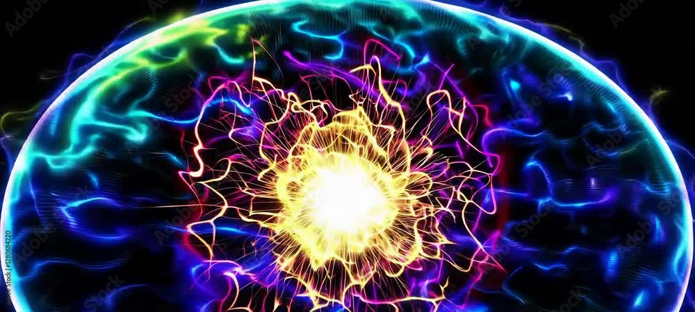 Poster dynamic plasma orb exploding with vibrant electric energy sparks in motion