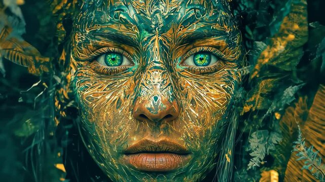 Shamanic earth goddess emerges from nature in ayahuasca-inspired vision, Earth goddess shaman ayahuasca hallucination, ai generated