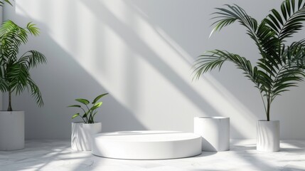 Fototapeta premium Minimal white room, cylinder podium, subtle palm leaf shadows, abstract product display setup