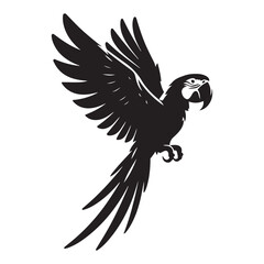 Macaw bird Silhouette Vector Illustration, Solid White Background.