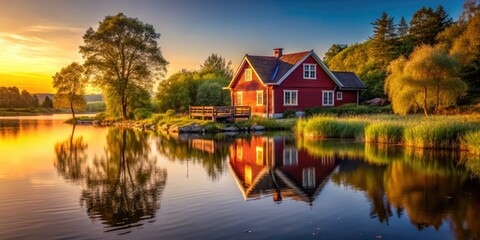 Serene sunset paints Red House Lake, its still waters reflecting the idyllic rural scene.