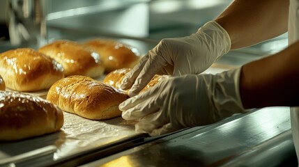 Gloved hands sorting freshly baked bread loaves on a stainless steel table in a bakery setting..