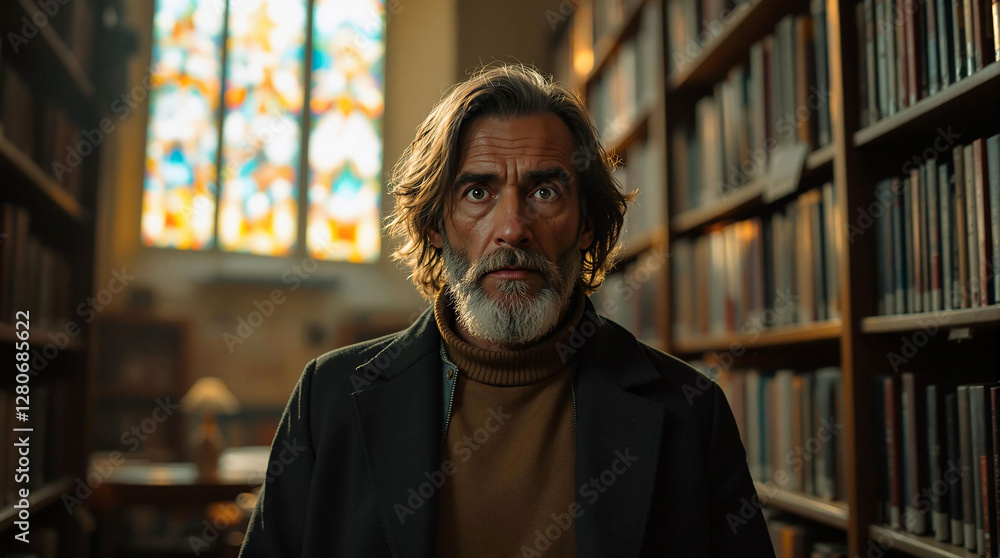 Poster A man with a beard and glasses stands in a library, surrounded by bookshelves filled with books. The background reveals a stained glass window, adding a touch of color to the scene.