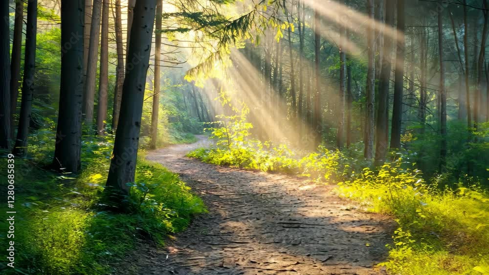 Aufkleber forest trail at sunrise with sunlight filtering through trees creating a serene atmosphere, forest t