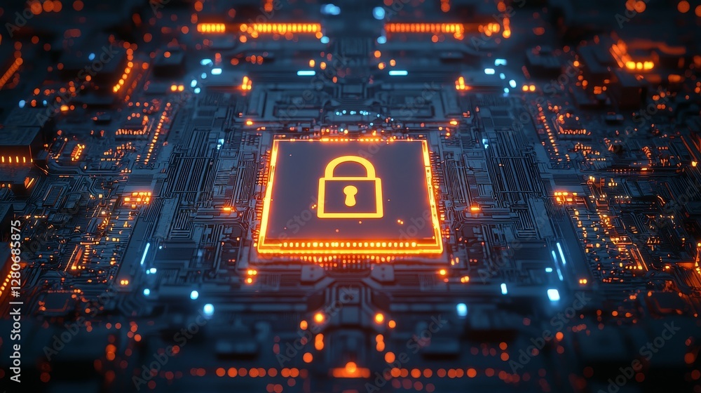Poster cybersecurity digital lock orange glowing circuit board technology abstract background modern data p