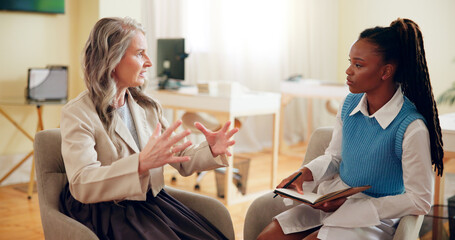 Woman, therapist or meeting with mentor for lesson, therapy session or psychiatry course at office....