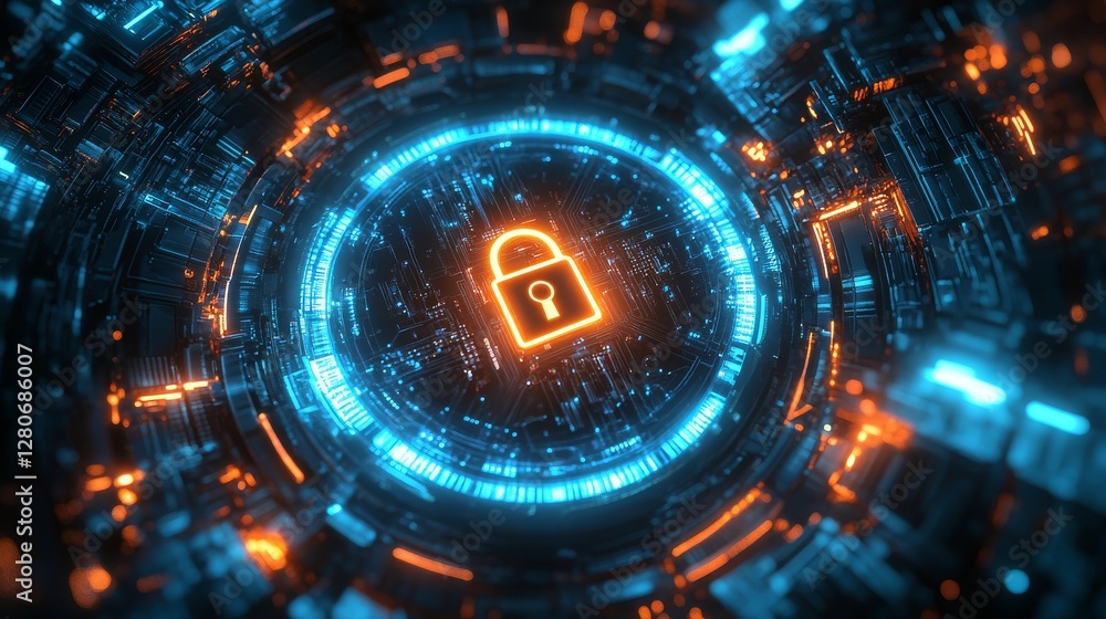 Poster abstract digital security padlock futuristic technology background orange blue neon glowing circuit 