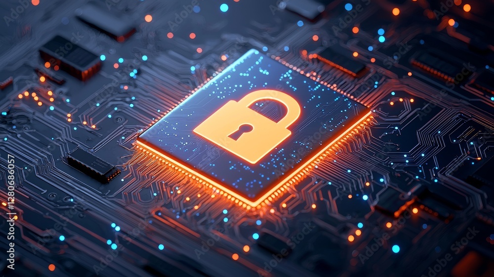 Poster cybersecurity digital lock orange glow technology circuit board abstract data protection secure netw