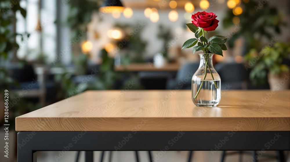 Poster a wooden table with a clear vase containing a single red rose. the background is slightly blurred, r
