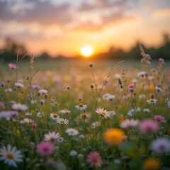 Sweet meadows at sunset blurry background