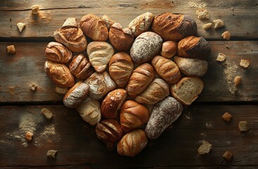 Fototapeta premium Rustic Heart Shape Made of Artisan Bread Loaves on Wooden Table with Crumbs and Flour Dusting