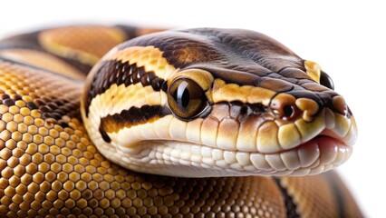 Fototapeta premium Macro photography reveals intricate details of a ball python's face against a clean white background.