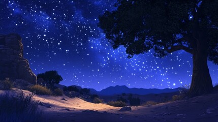 Starry Night Desert Landscape, Peaceful Scene, Ideal for Backgrounds