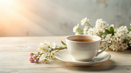 Fototapeta premium Serene teacup blooms: minimalist floral still life, elegant and peaceful home aesthetic.