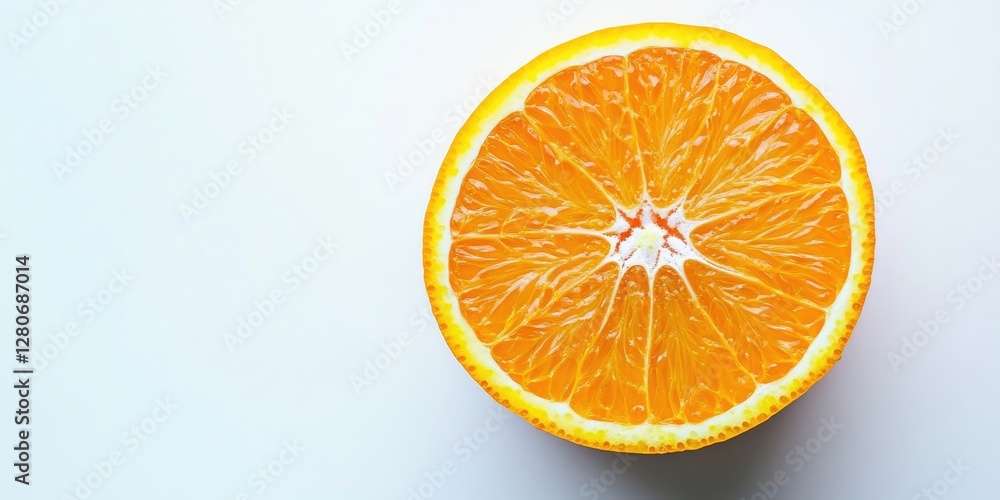 Poster Fresh orange half on a light grey background showcasing vibrant orange color and textured pulp in the center with a smooth rounded edge