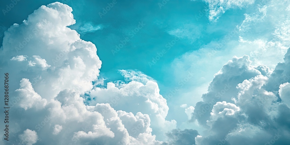 Leinwandbilder serene sky with fluffy white clouds against a vibrant turquoise background, offering ample template 