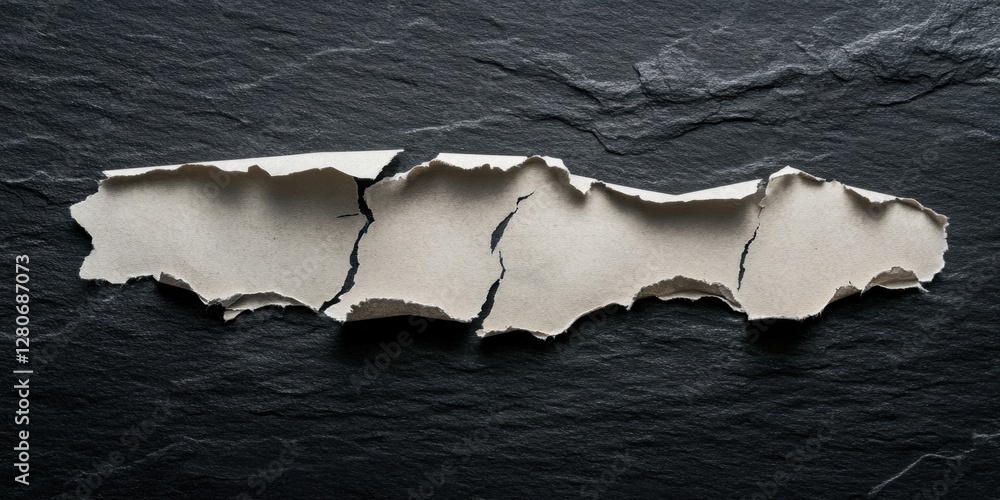 Poster ripped beige paper fragment with uneven edges positioned horizontally on a textured black slate surf