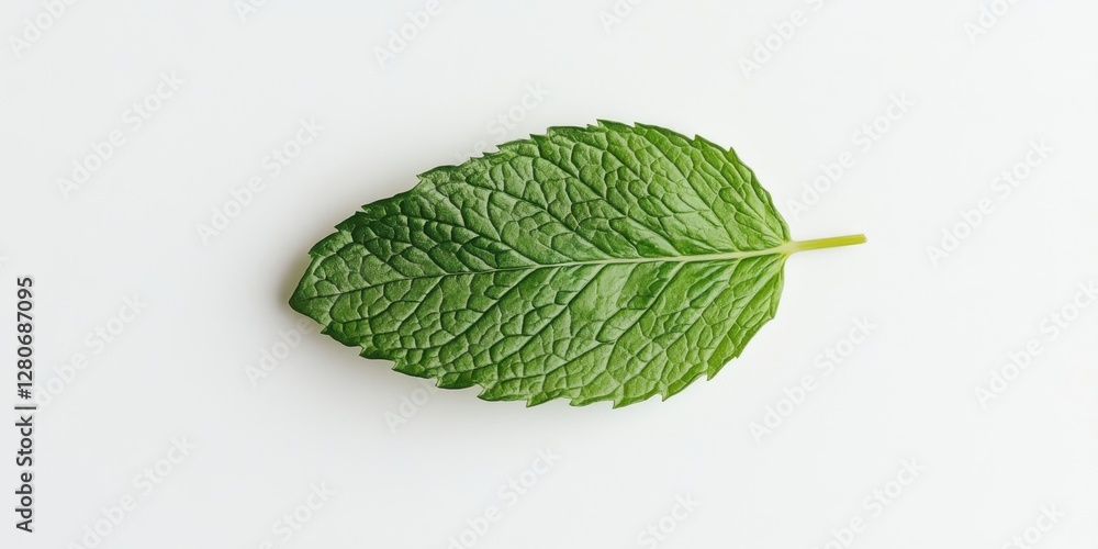 Poster vibrant green mint leaf on a clean white background showcasing its delicate texture and rich color i