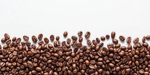 Obraz premium Freshly roasted coffee beans scattered across a white background showcasing rich brown tones with varying shapes near the bottom edge of the image
