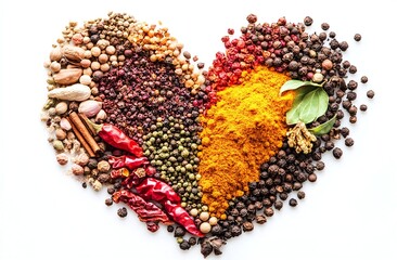 Heart Shaped Assorted Spices and Herbs on White Background for Cooking and Food Concept