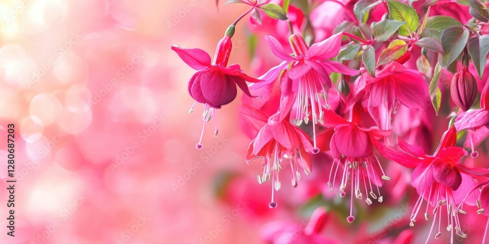 Poster vibrant fuchsia flowers in lush pink shades create a soft blurred background with intricate petals a