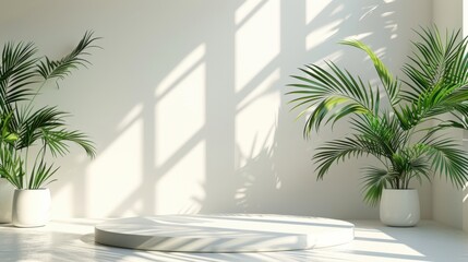 Fototapeta premium Minimal white room, cylinder podium, subtle palm leaf shadows, abstract product display setup