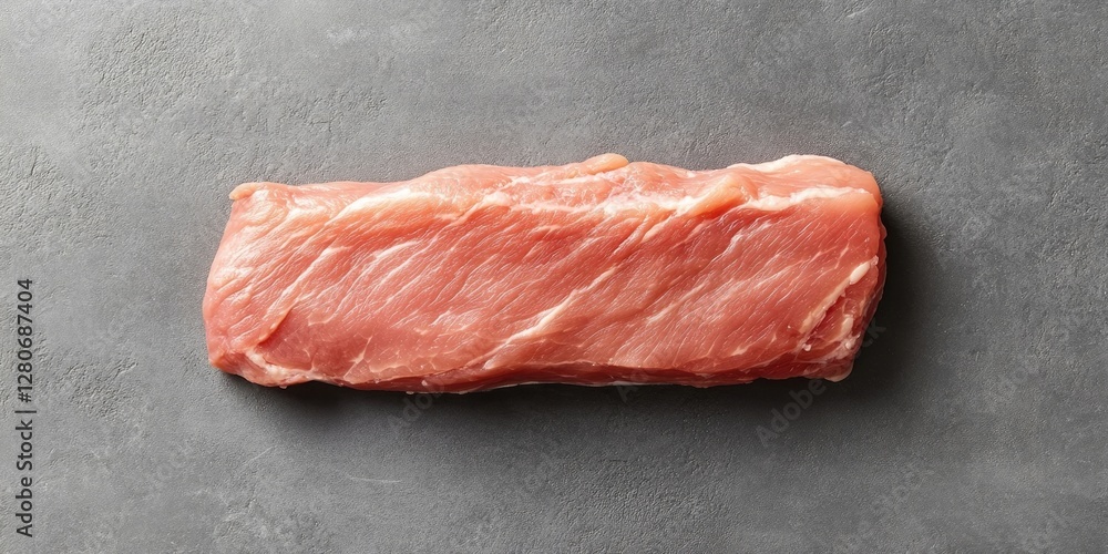 Poster raw pork tenderloin fillet displayed centrally on a gray textured background with light pink tones h