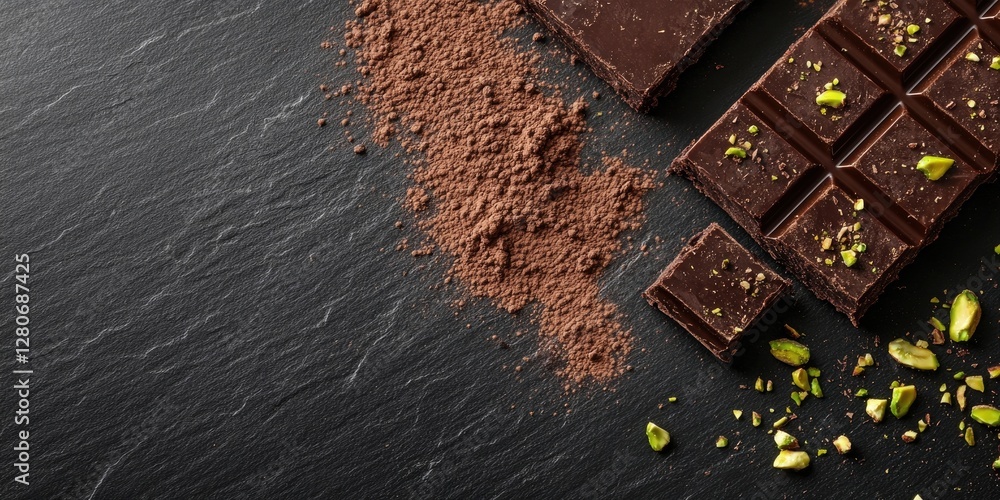 Poster dark chocolate pieces arranged on a black slate background with cocoa powder and crushed pistachios 