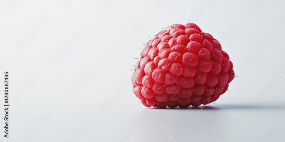 Poster Vibrant red raspberry positioned to the right on a smooth white surface highlighting its rich texture and fresh appearance against a clean background