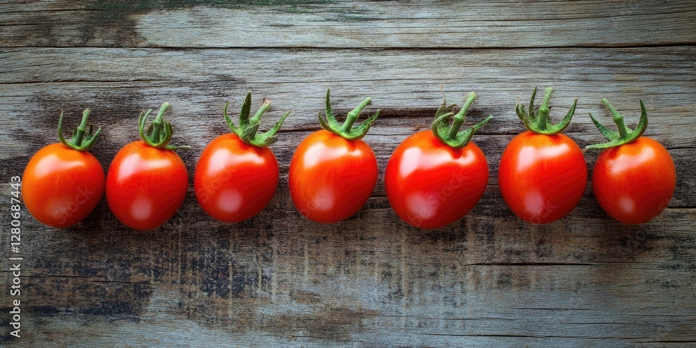 Poster red ripe cherry tomatoes arranged in a straight line on a rustic wooden background with natural text