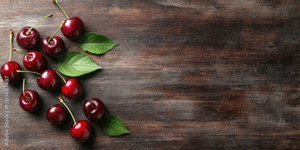 Poster fresh ripe cherries with green leaves arranged on a rustic brown wooden surface creating a natural a