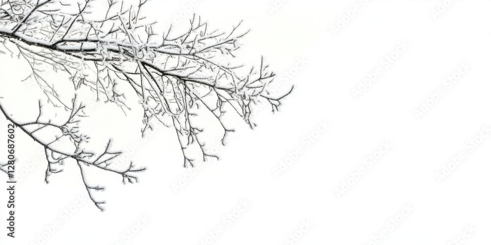 Poster Delicate frost-covered branches extend diagonally across a pristine white background showcasing winter's serene beauty and intricate details of nature.