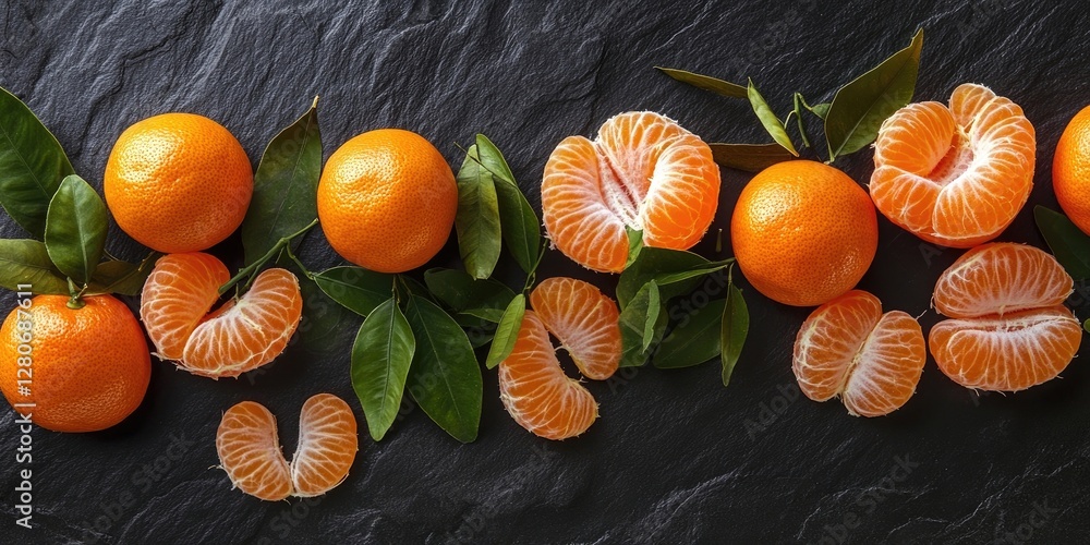 Poster fresh tangerines with green leaves arranged on a dark slate background featuring whole and segmented