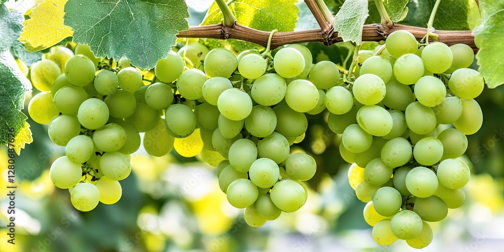 Poster lush green grape clusters hanging from a vine surrounded by vibrant green leaves in a sunny garden s