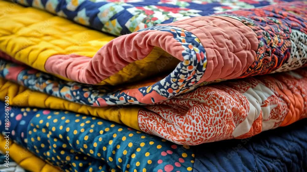 Poster beautifully folded colorful quilt with various patterns showcasing vibrant designs and textures, col