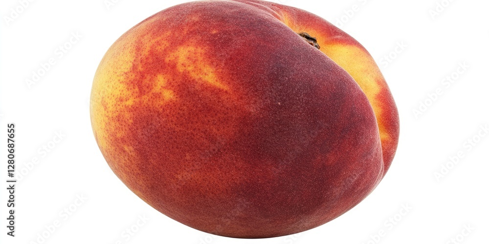 Poster ripe peach with vibrant orange and red skin, featuring a smooth texture and a slightly irregular rou