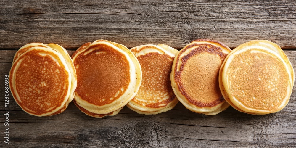 Poster fluffy golden pancakes stacked neatly on a rustic wooden surface. the pancakes are arranged in a sli