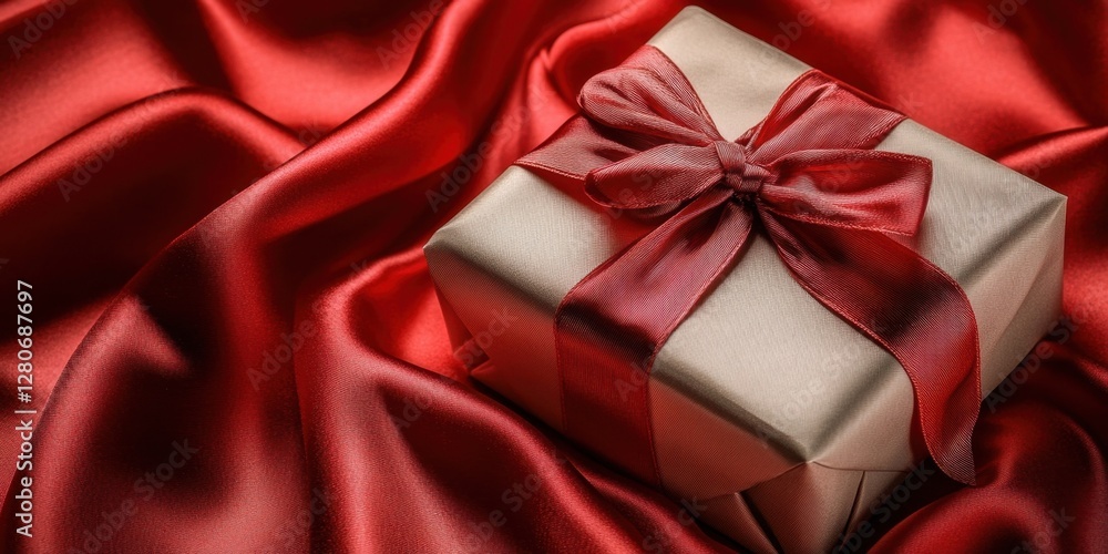 Poster elegant gift wrapped in gold with a red ribbon on a luxurious red satin backdrop showcasing a rich t