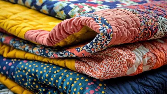 Beautifully folded colorful quilt with various patterns showcasing vibrant designs and textures, Colorful quilt with various patterns folded neatly on flat surface