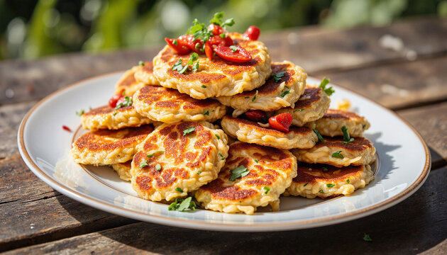 Stack of golden-brown tacu tacu patties on sunny patio, culinary delight