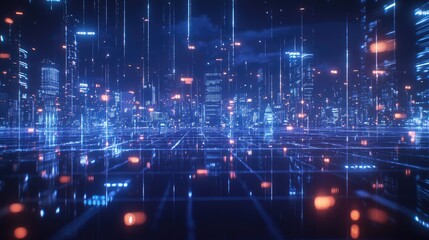 Obraz premium Futuristic Cityscape at Night, Digital Lines, Abstract, Urban, Night Vision, Technology, Background, Stock, Potential Use