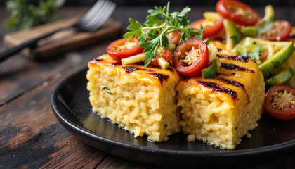Grilled polenta with fresh vegetables on rustic plate, summer feast