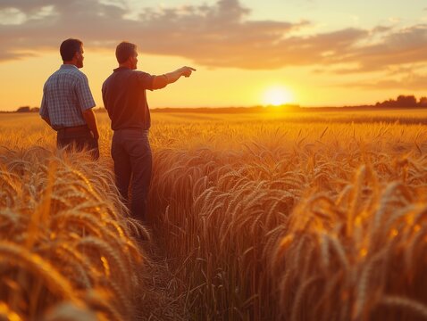Zwei Bauern im Weizenfeld &ndash; Gespr&auml;ch &uuml;ber die Ernte bei goldenem Sonnenuntergang