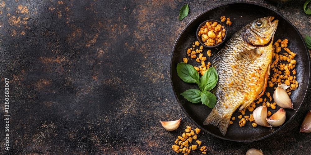 Poster crispy fried fish on black plate surrounded by fried garlic, herbs and nuts, dark textured backgroun